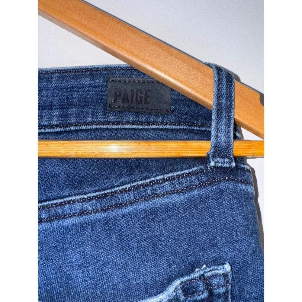 Paige High Rise Laurel Canyon Size 29 Flare Jeans Dark Wash Raw Hem - Picture 3 of 8